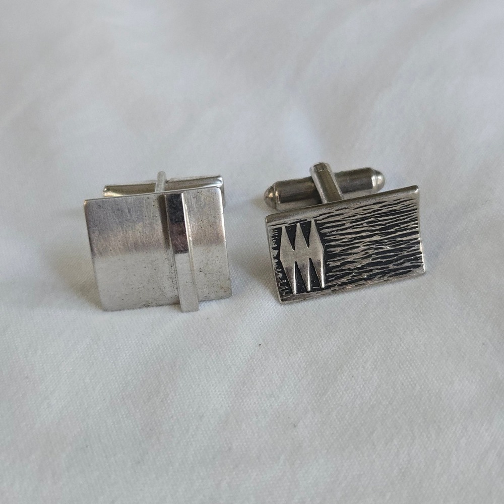 VTG Pioneer Mismatched Cufflinks Silver Tone Men OS Geometric Mid Century Modern
